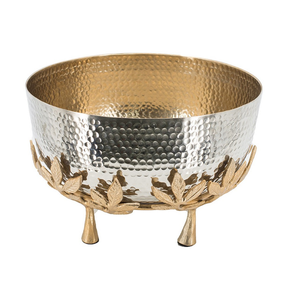 Diane Hammered Bowl with Raised Floral Stand, Silver-Gold Aluminum 13 Inch - BM350938