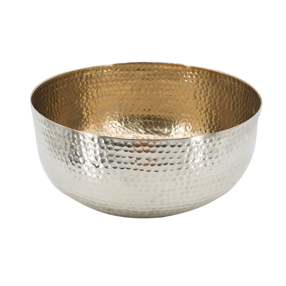 Diane Hammered Bowl with Raised Floral Stand, Silver-Gold Aluminum 13 Inch - BM350938