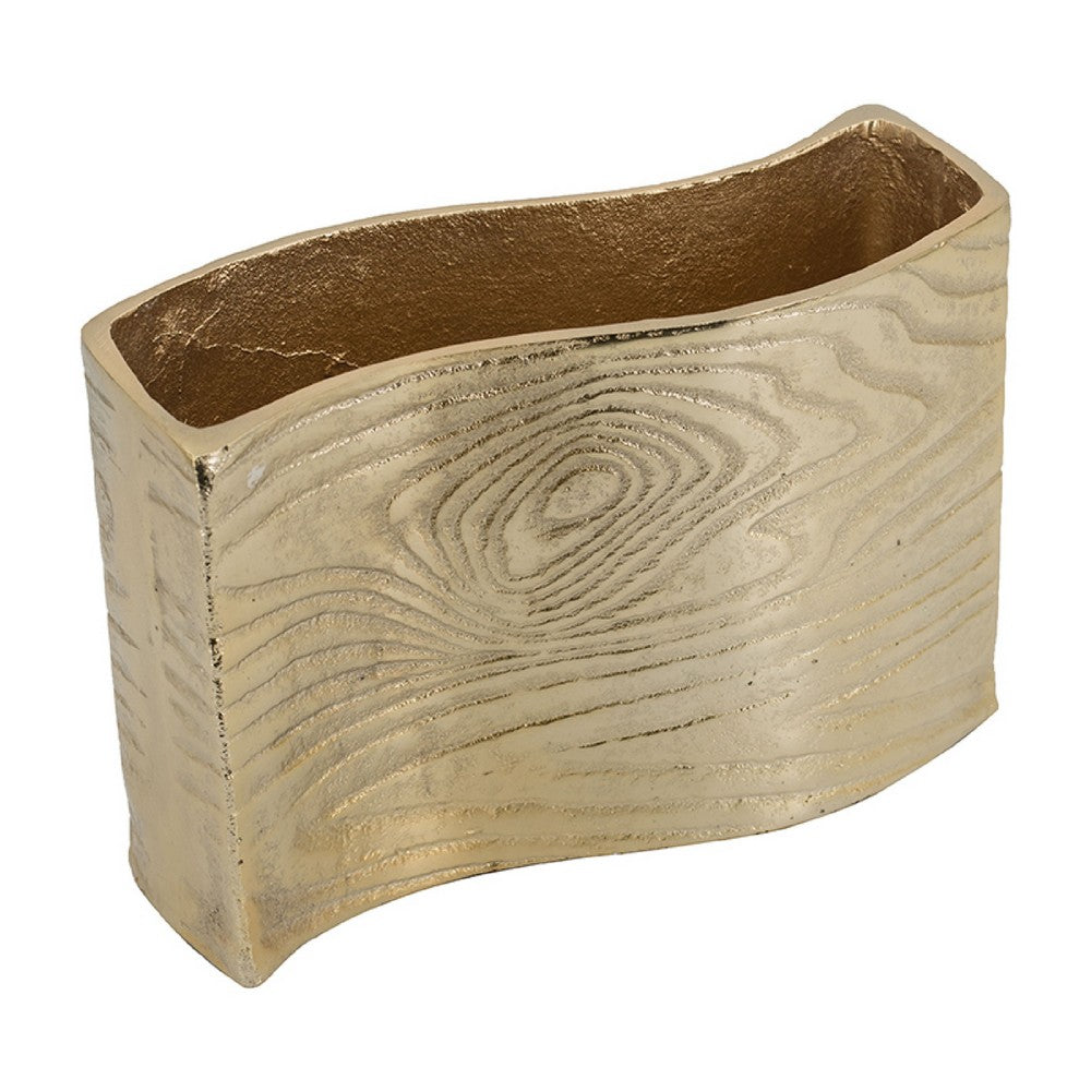 Opal Wavy Rectangular Vase, Grain Pattern Curved Rim Gold Aluminum 10 Inch - BM350944