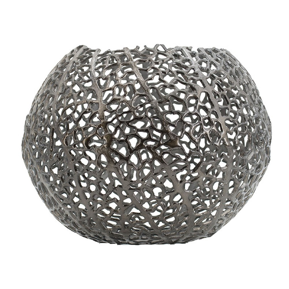 Maia Round Vase with Openwork Design, Hollow Form, Black Aluminum 16 Inch - BM350945