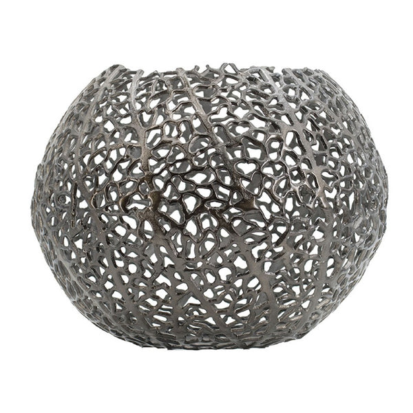 Maia Round Vase with Openwork Design, Hollow Form, Black Aluminum 16 Inch - BM350945