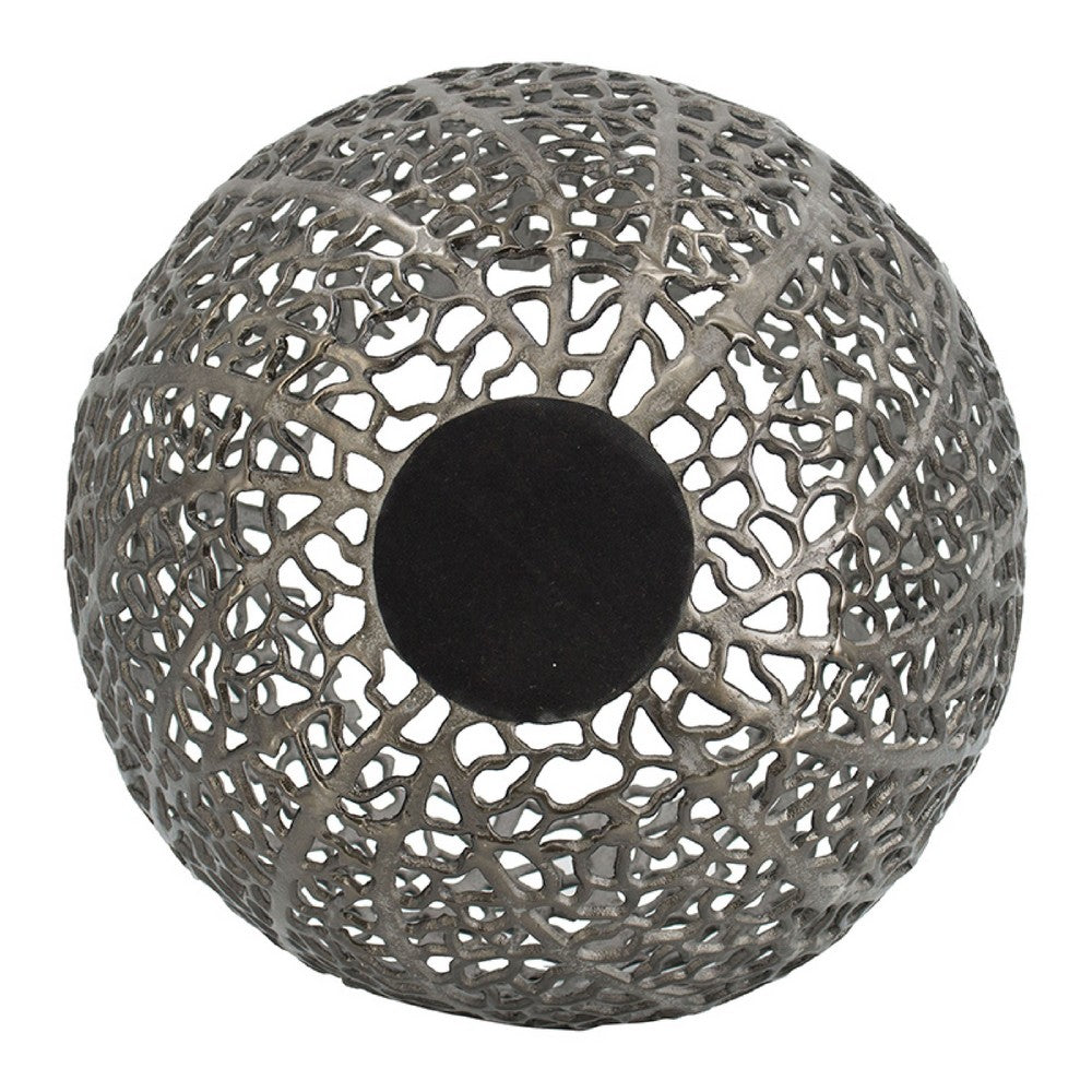 Maia Round Vase with Openwork Design, Hollow Form, Black Aluminum 16 Inch - BM350945