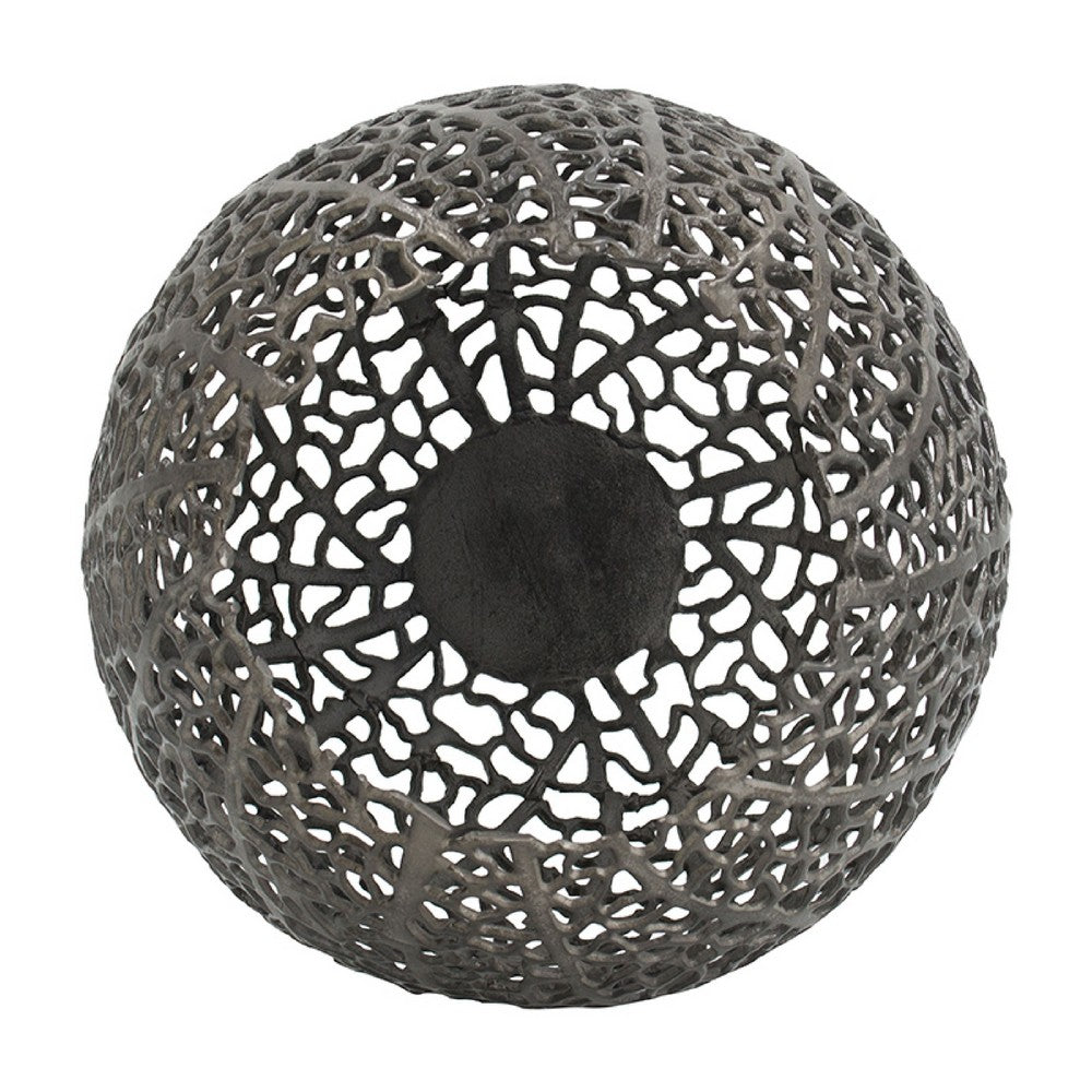 Maia Round Vase with Openwork Design, Hollow Form, Black Aluminum 16 Inch - BM350945