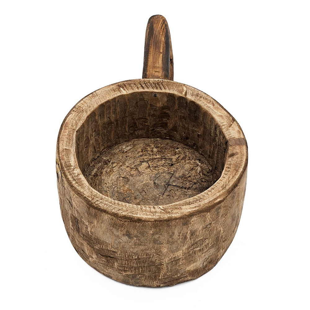 Round Antique Bowl, Square Handle, Hand Carved, Rustic Brown Wood 12 Inch - BM350946