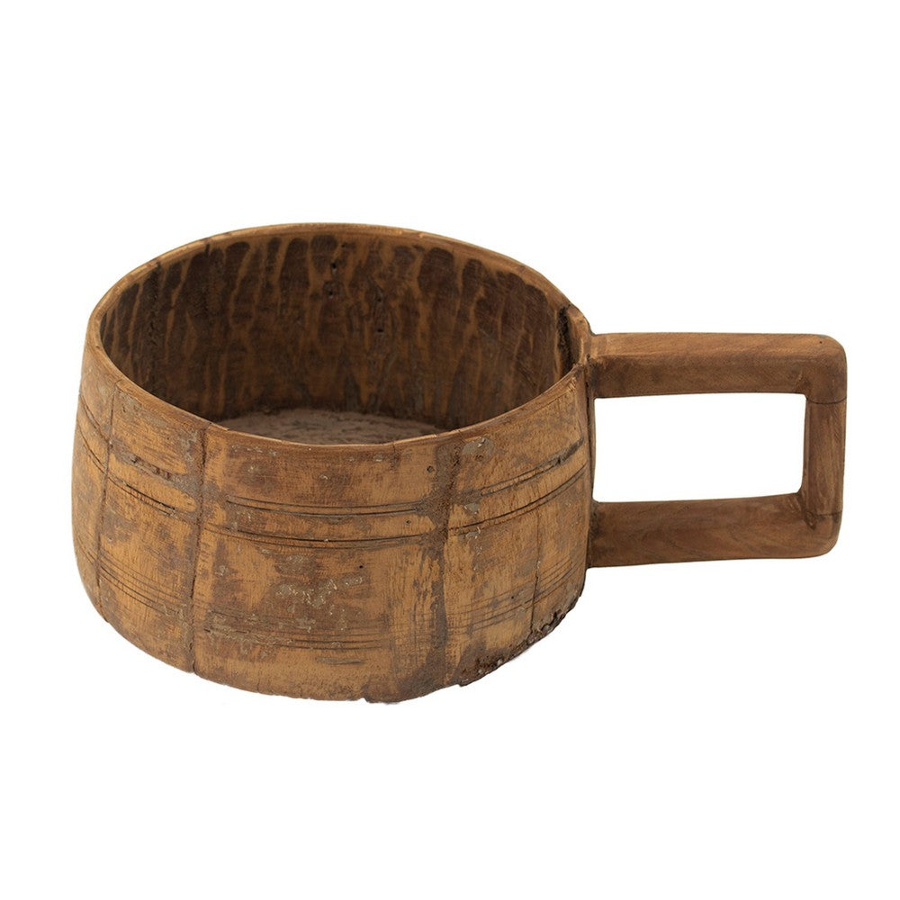 Round Antique Bowl, Square Handle, Hand Carved, Rustic Brown Wood 12 Inch - BM350946