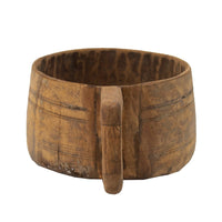 Round Antique Bowl, Square Handle, Hand Carved, Rustic Brown Wood 12 Inch - BM350946