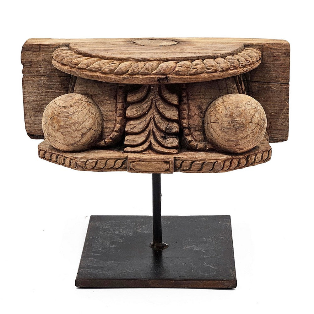 Drex Authentic Accented Wood Decorative Pillar, Black Metal Stand 15 Inch - BM350948