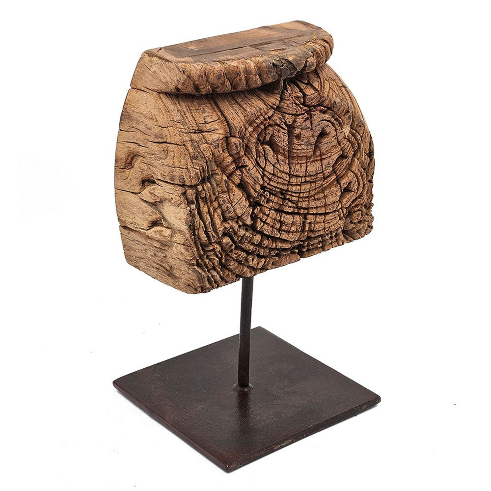 Mae Hand-Carved Decorative Pillar, Metal Stand, Antique Wood 16 Inch - BM350949