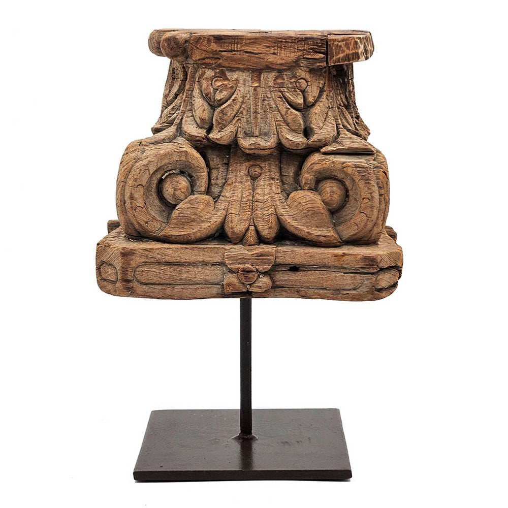Mae Hand-Carved Decorative Pillar, Metal Stand, Antique Wood 16 Inch - BM350949