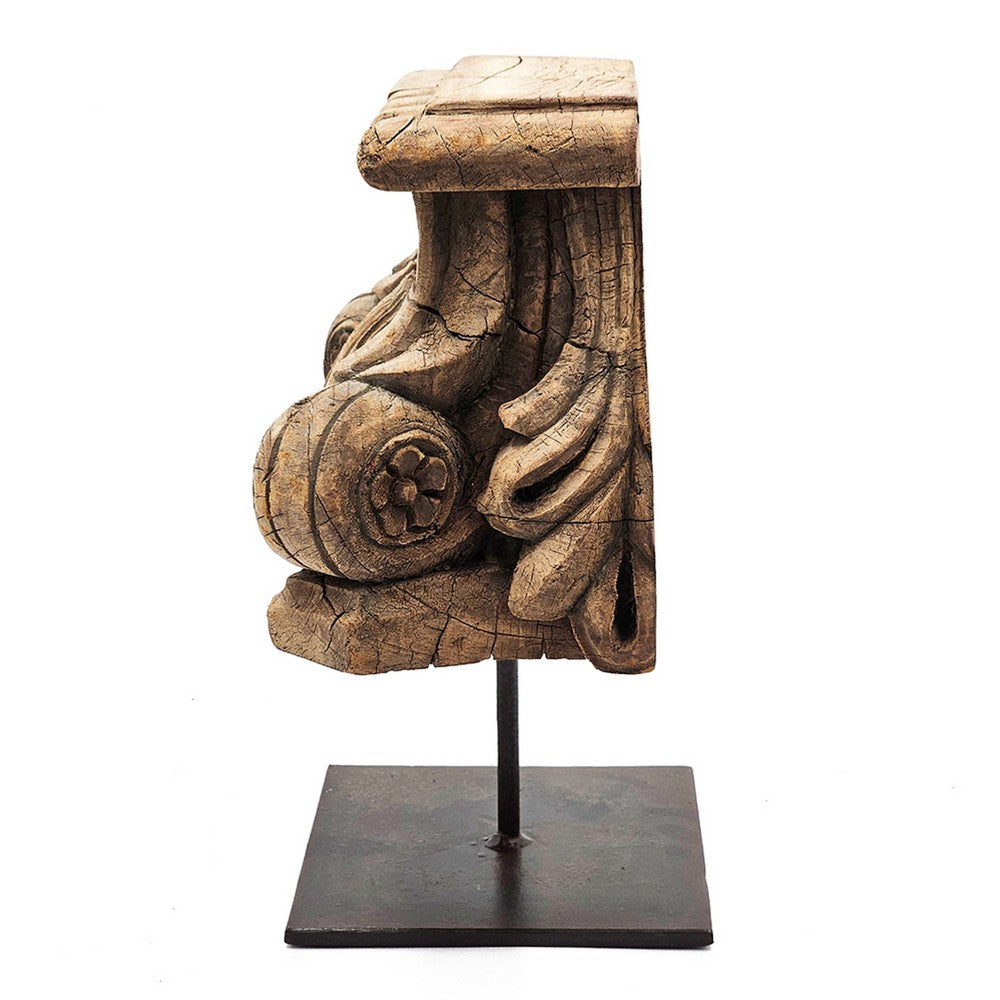 Mae Hand-Carved Decorative Pillar, Metal Stand, Antique Wood 16 Inch - BM350949