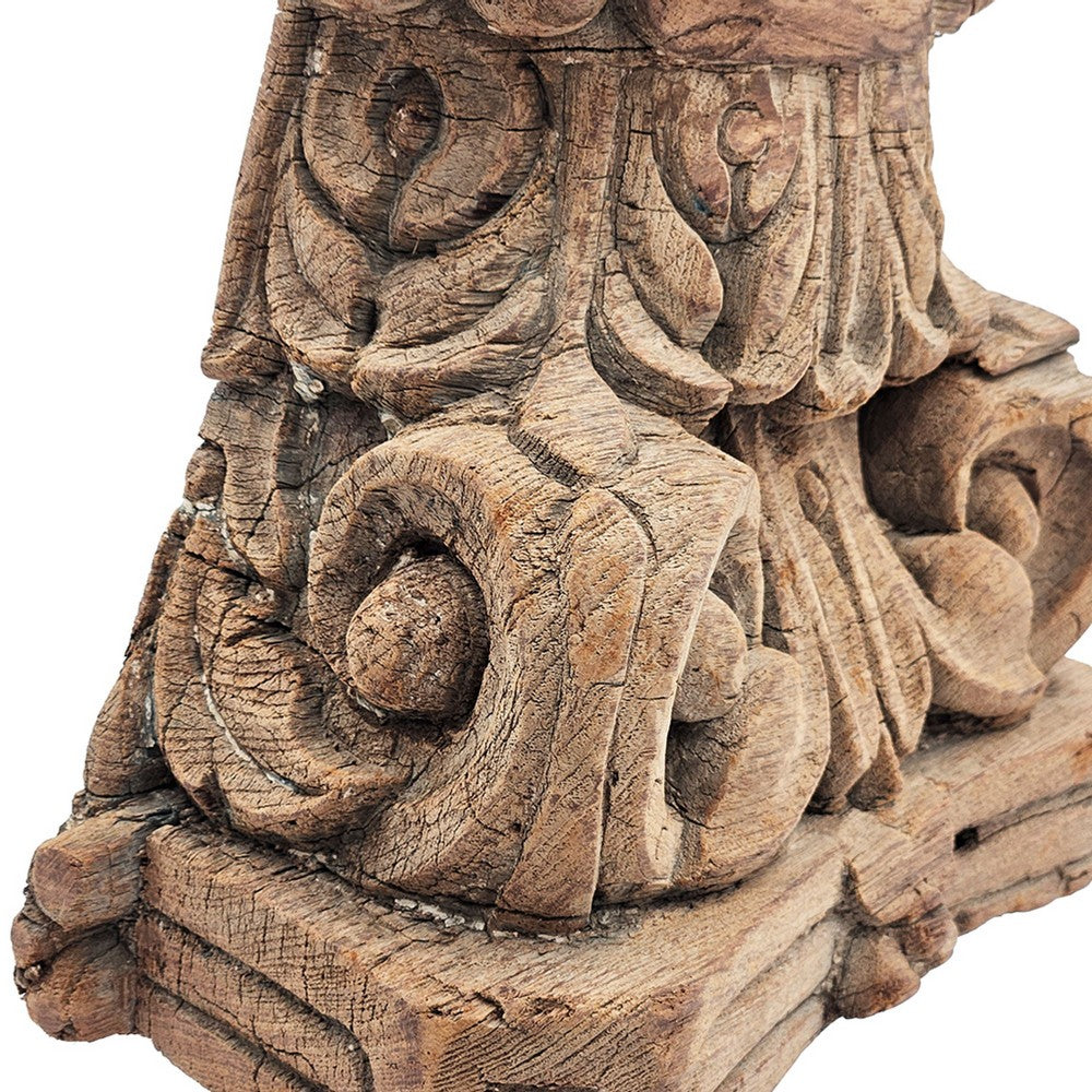 Mae Hand-Carved Decorative Pillar, Metal Stand, Antique Wood 16 Inch - BM350949