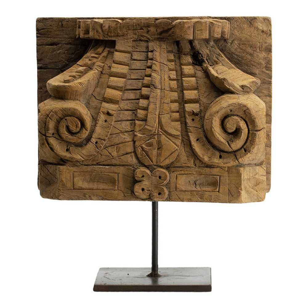 Mae Hand-Carved Decorative Pillar, Metal Stand, Antique Wood 16 Inch - BM350949