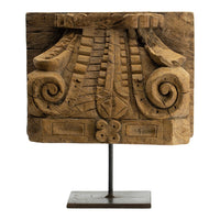 Mae Hand-Carved Decorative Pillar, Metal Stand, Antique Wood 16 Inch - BM350949
