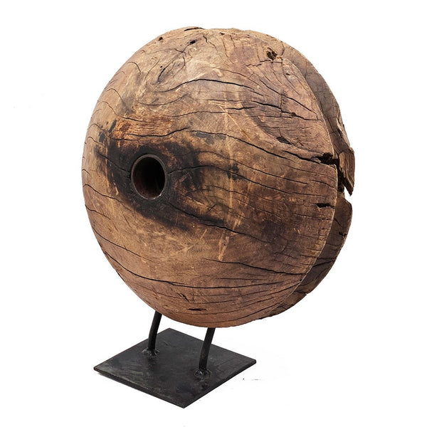 Otis Decorative Pulley Wheel on Metal Stand, Brown Aged Wood 18 Inch - BM350951
