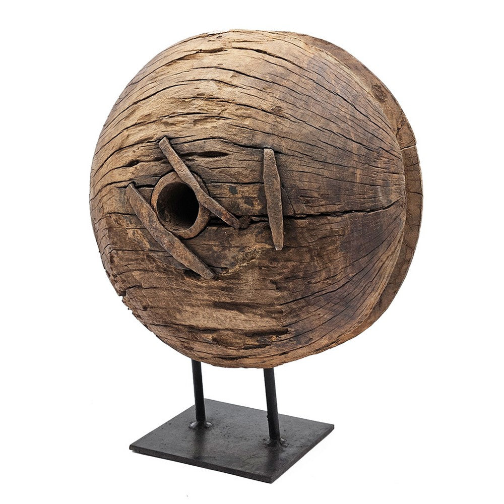 Otis Decorative Pulley Wheel on Metal Stand, Brown Aged Wood 18 Inch - BM350951