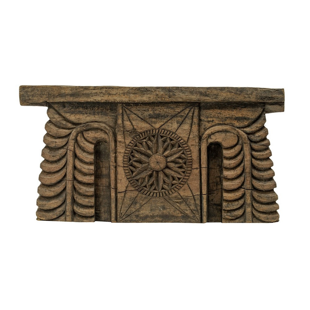 Emery Antique Carved 3-Pillar Candle Holder, Metal, Brown Old Wood 20 Inch - BM350952