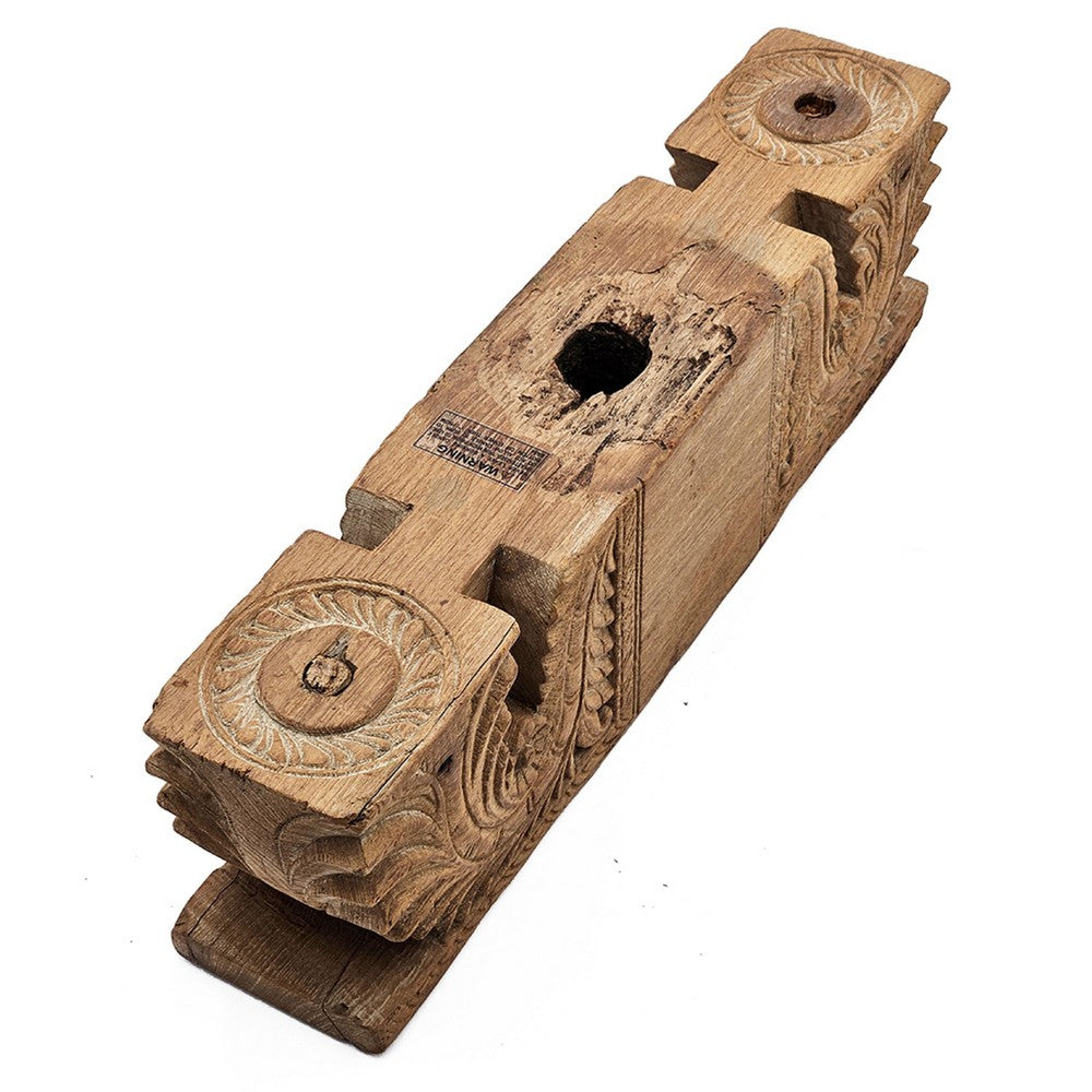 Emery Antique Carved 3-Pillar Candle Holder, Metal, Brown Old Wood 20 Inch - BM350952