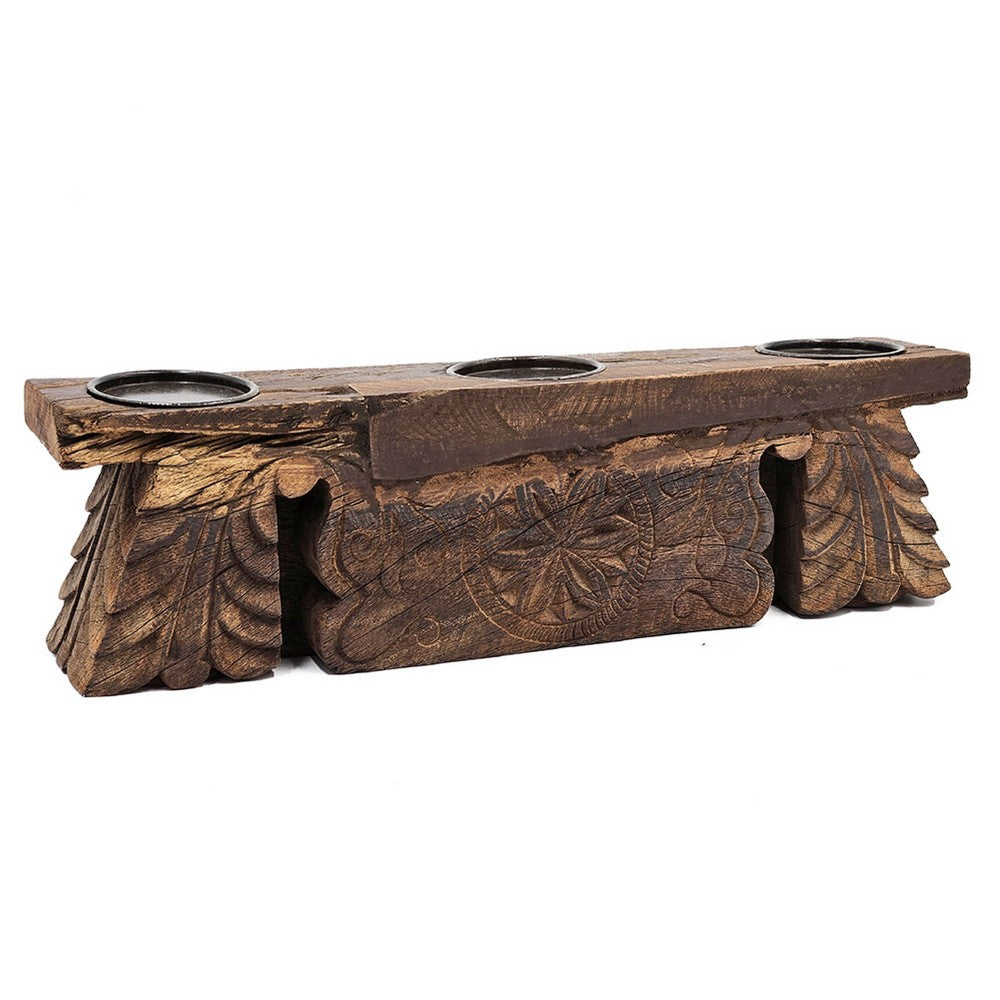 Emery Antique Carved 3-Pillar Candle Holder, Metal, Brown Old Wood 20 Inch - BM350952