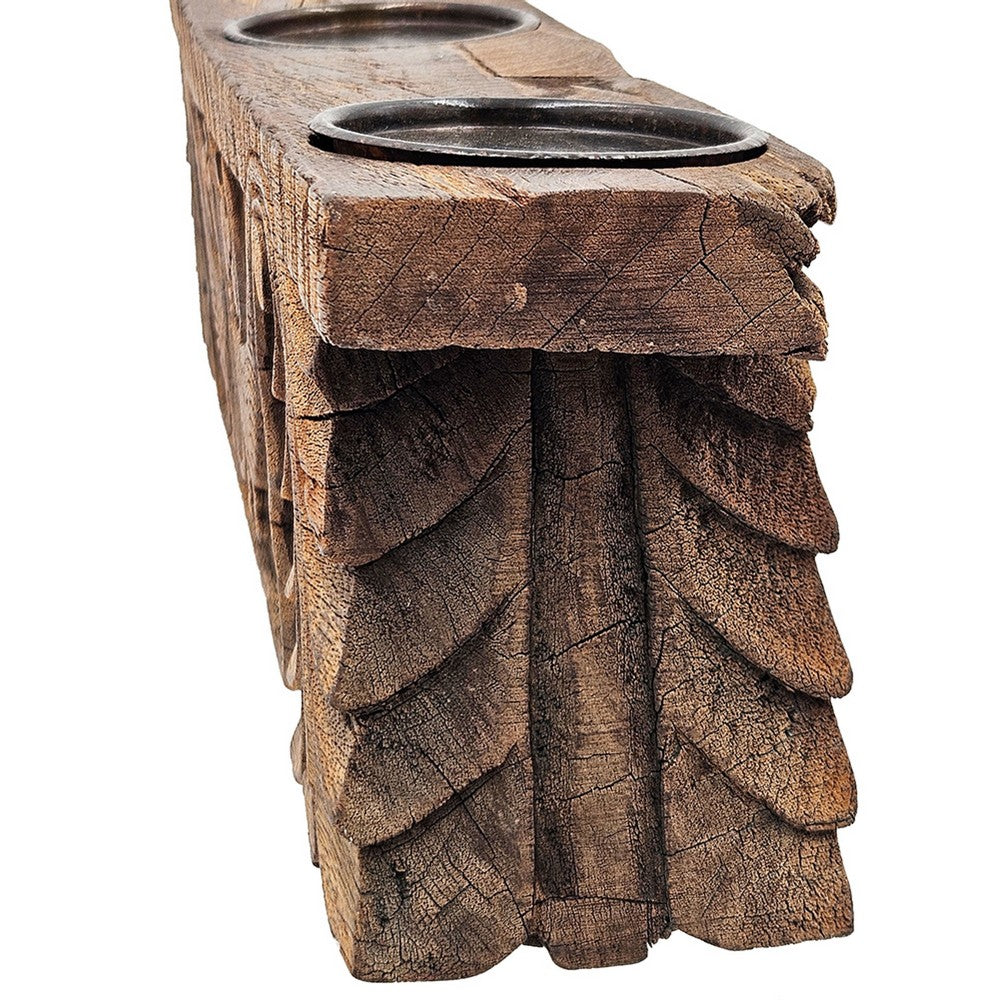 Emery Antique Carved 3-Pillar Candle Holder, Metal, Brown Old Wood 20 Inch - BM350952