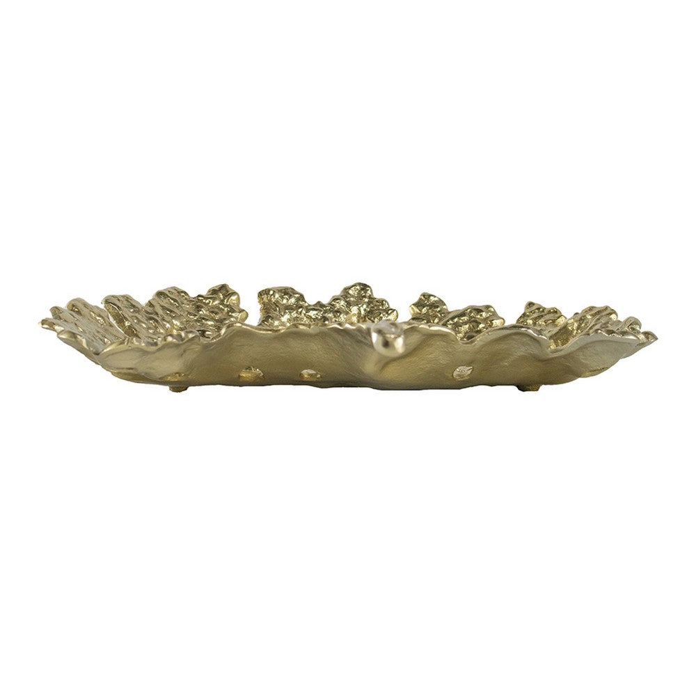 Lacey Decorative Plate, Textured Leaf Design Raised Edge Gold Metal 15 Inch - BM350955