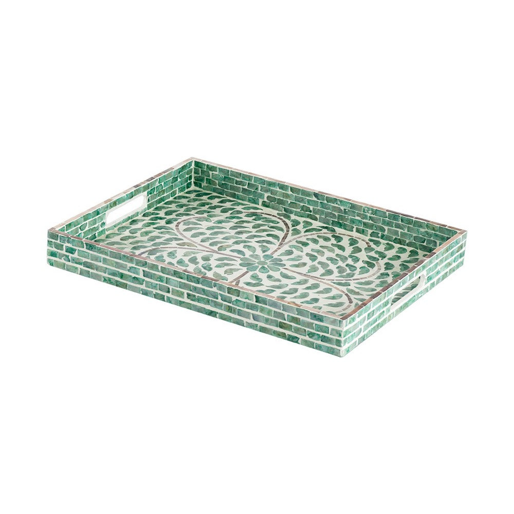 Berty Rectangular Decorative Tray, Mosaic Pattern Green-White Capiz 15 Inch - BM350960