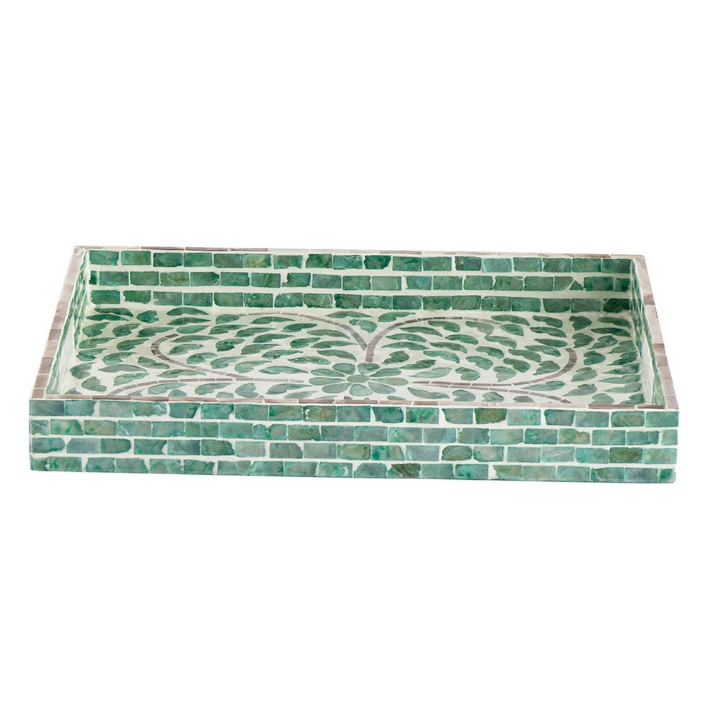 Berty Rectangular Decorative Tray, Mosaic Pattern Green-White Capiz 15 Inch - BM350960