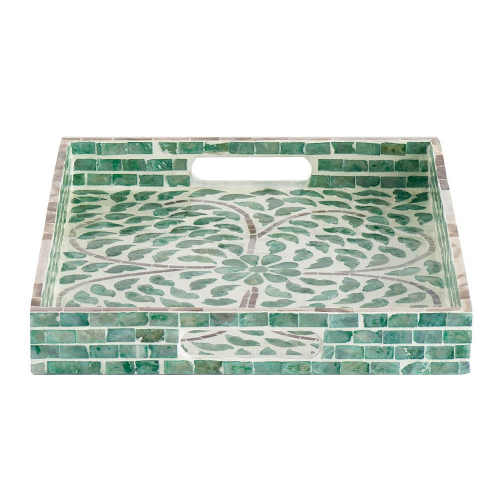 Berty Rectangular Decorative Tray, Mosaic Pattern Green-White Capiz 15 Inch - BM350960