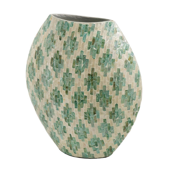 Rhys Decorative Vase, Hand-Applied Mosaic-Pattern Green-White Capiz 18 Inch - BM350961