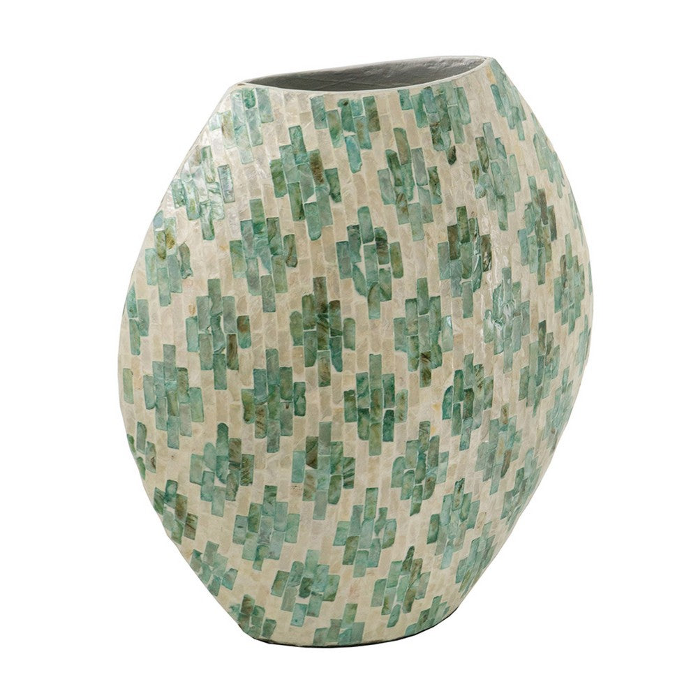Rhys Decorative Vase, Hand-Applied Mosaic-Pattern Green-White Capiz 18 Inch - BM350961
