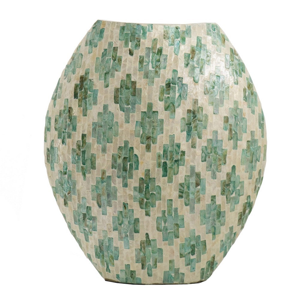 Rhys Decorative Vase, Hand-Applied Mosaic-Pattern Green-White Capiz 18 Inch - BM350961