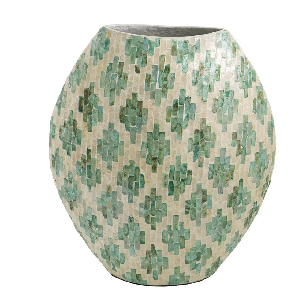 Rhys Decorative Vase, Hand-Applied Mosaic-Pattern Green-White Capiz 18 Inch - BM350961