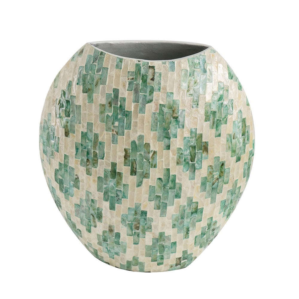Rhys Decorative Vase, Hand-Applied Mosaic-Pattern Green-White Capiz 14 Inch - BM350962