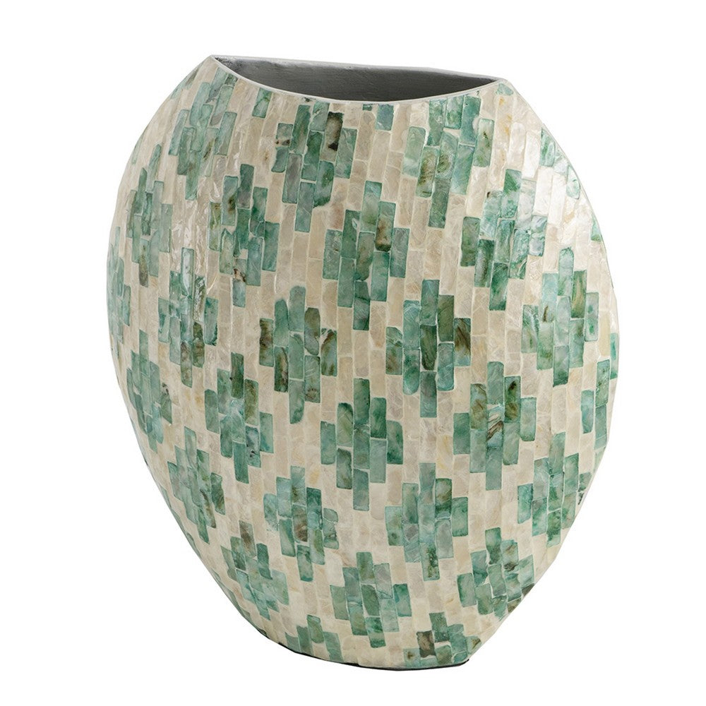 Rhys Decorative Vase, Hand-Applied Mosaic-Pattern Green-White Capiz 14 Inch - BM350962