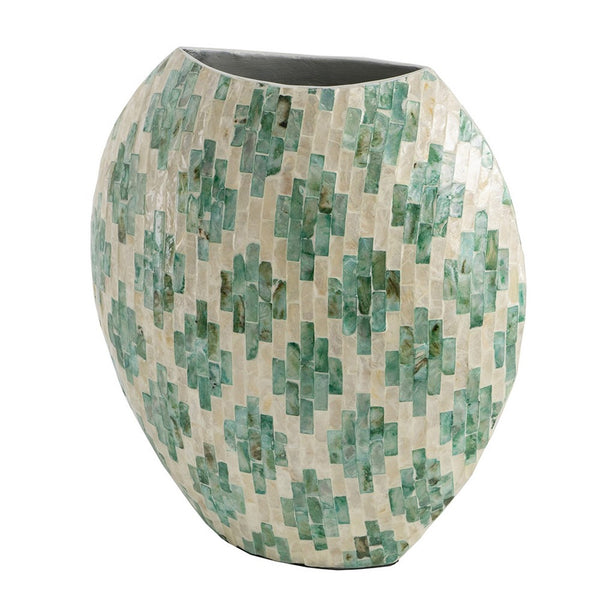 Rhys Decorative Vase, Hand-Applied Mosaic-Pattern Green-White Capiz 14 Inch - BM350962