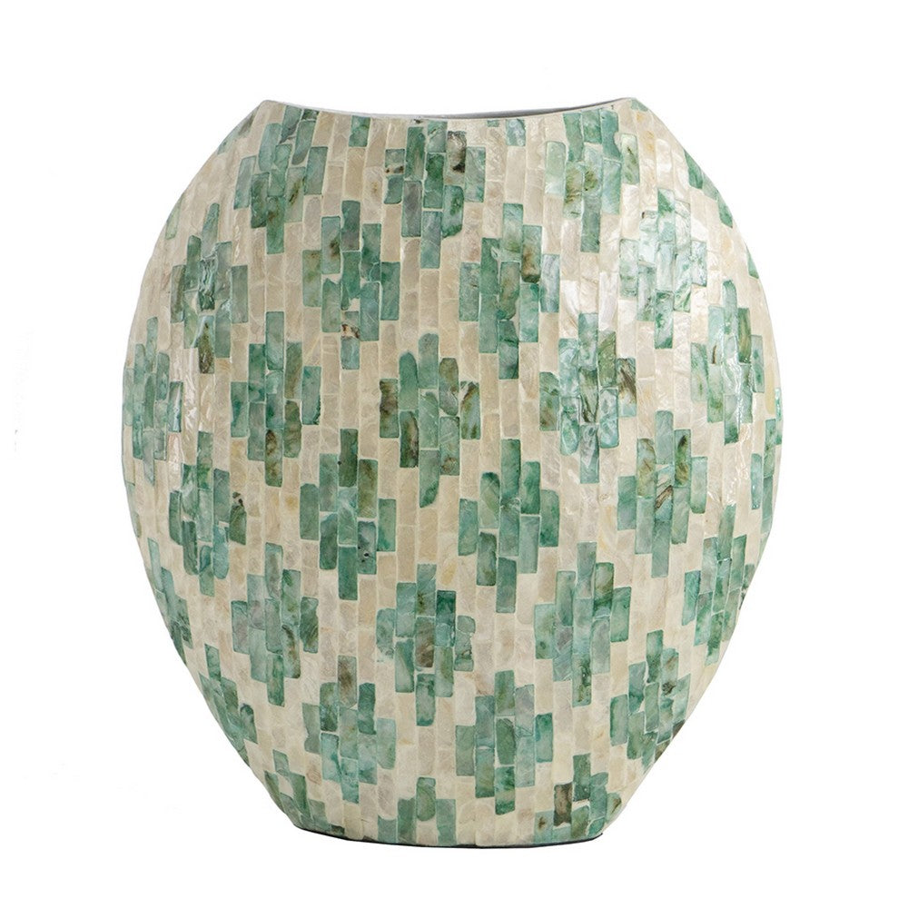 Rhys Decorative Vase, Hand-Applied Mosaic-Pattern Green-White Capiz 14 Inch - BM350962