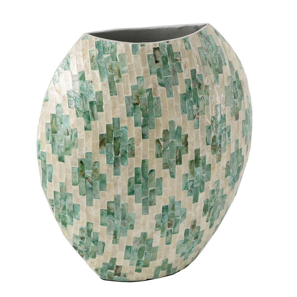 Rhys Decorative Vase, Hand-Applied Mosaic-Pattern Green-White Capiz 14 Inch - BM350962