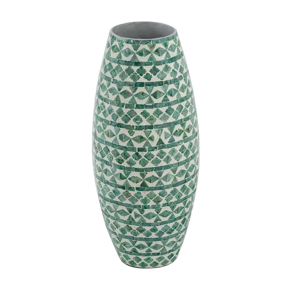 Kane Decorative Vase, Geometric Patterns, Green-White Capiz Inlay 20 Inch - BM350963