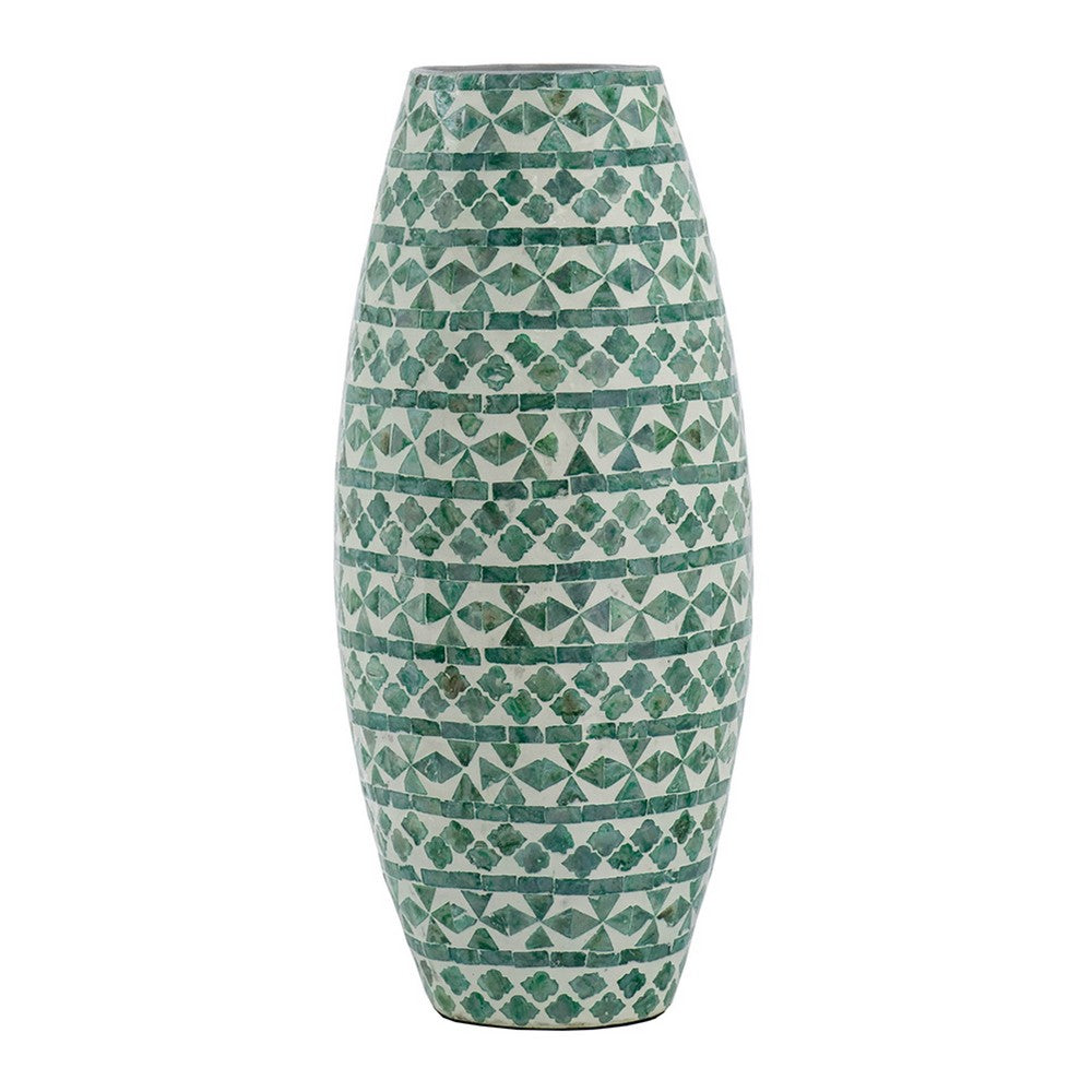 Kane Decorative Vase, Geometric Patterns, Green-White Capiz Inlay 20 Inch - BM350963