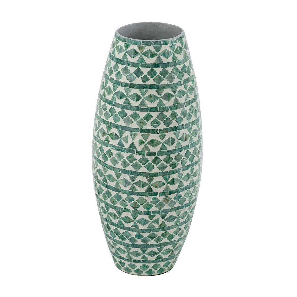 Kane Decorative Vase, Geometric Patterns, Green-White Capiz Inlay 20 Inch - BM350963