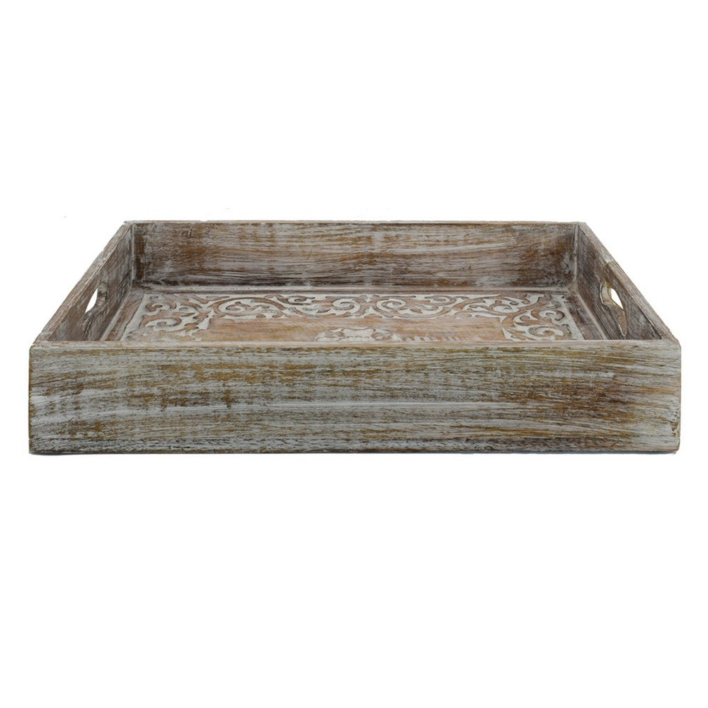 Owen Tray, Floral Scroll Carvings, Raised Edges, Brown Mango Wood 16x12 - BM350964
