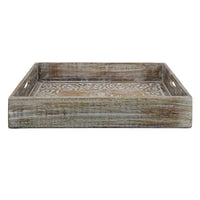Owen Tray, Floral Scroll Carvings, Raised Edges, Brown Mango Wood 16x12 - BM350964