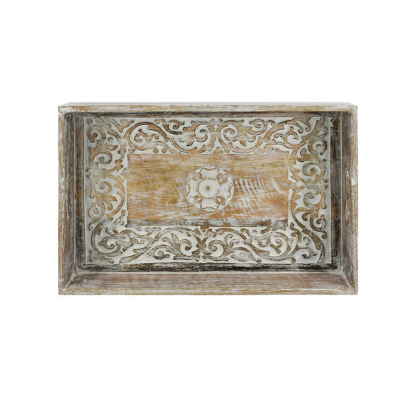 Owen Tray, Floral Scroll Carvings, Raised Edges, Brown Mango Wood 16x12 - BM350964
