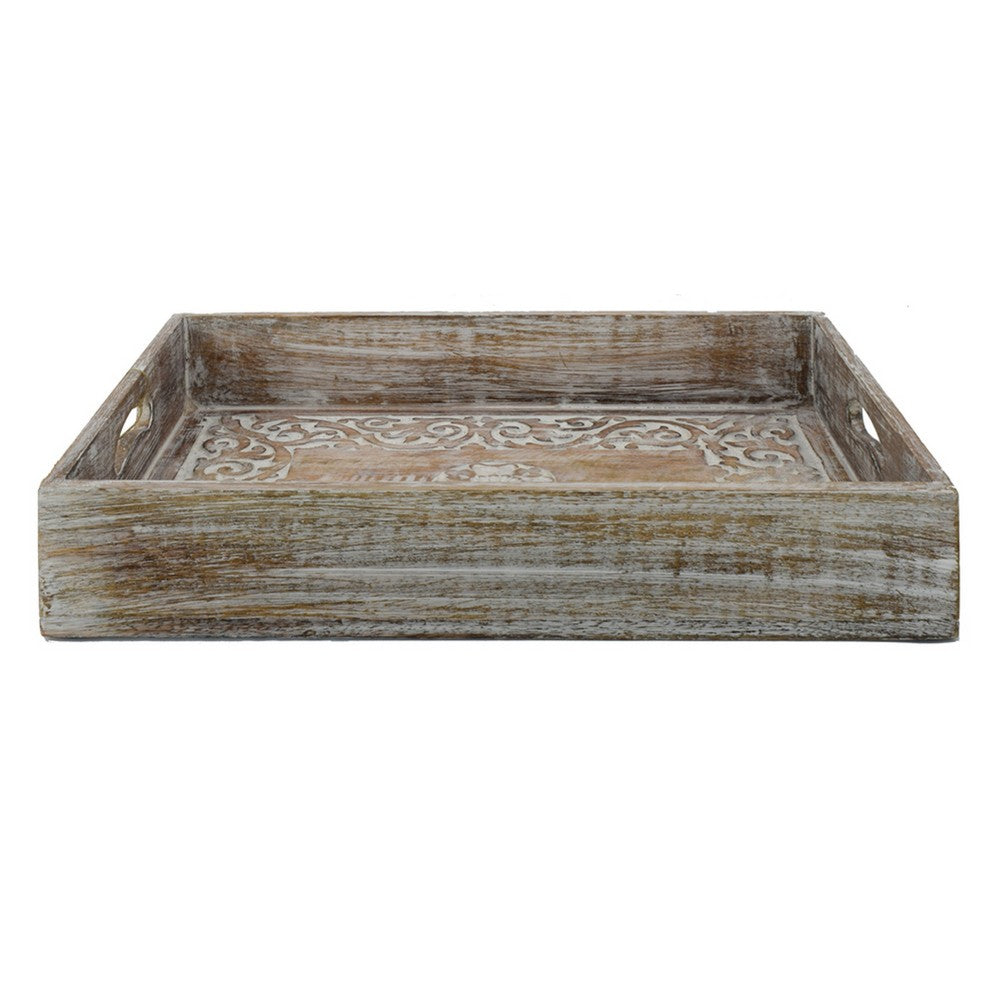 Owen Tray, Floral Scroll Carvings, Raised Edges, Brown Mango Wood 16x12 - BM350964