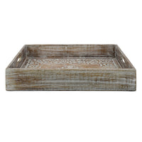 Owen Tray, Floral Scroll Carvings, Raised Edges, Brown Mango Wood 16x12 - BM350964