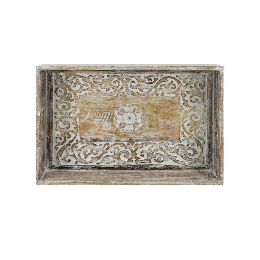 Owen Tray, Floral Scroll Carvings, Raised Edges, Brown Mango Wood 16x12 - BM350964