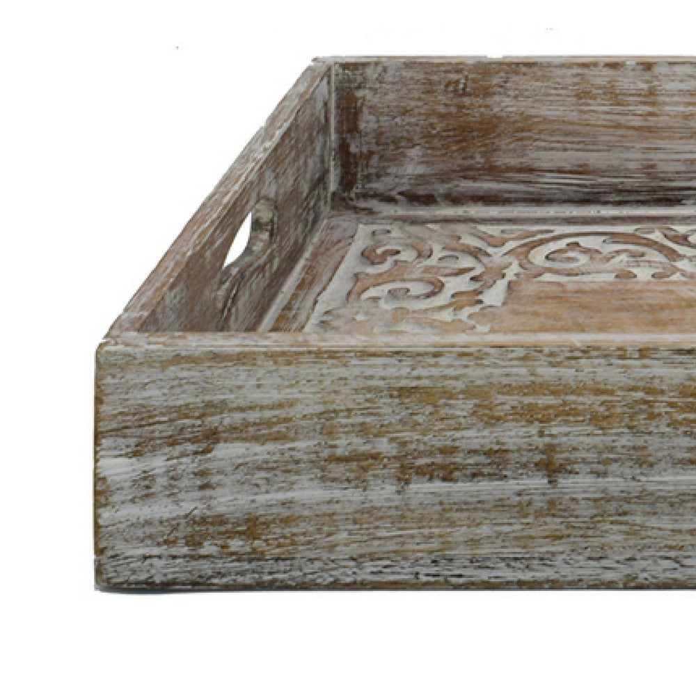 Owen Tray, Floral Scroll Carvings, Raised Edges, Brown Mango Wood 16x12 - BM350964