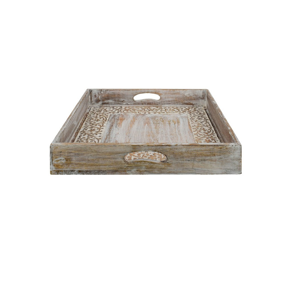 Owen Square Tray, Floral Carved Raised Edge, Brown Mango Wood 16x16 - BM350965