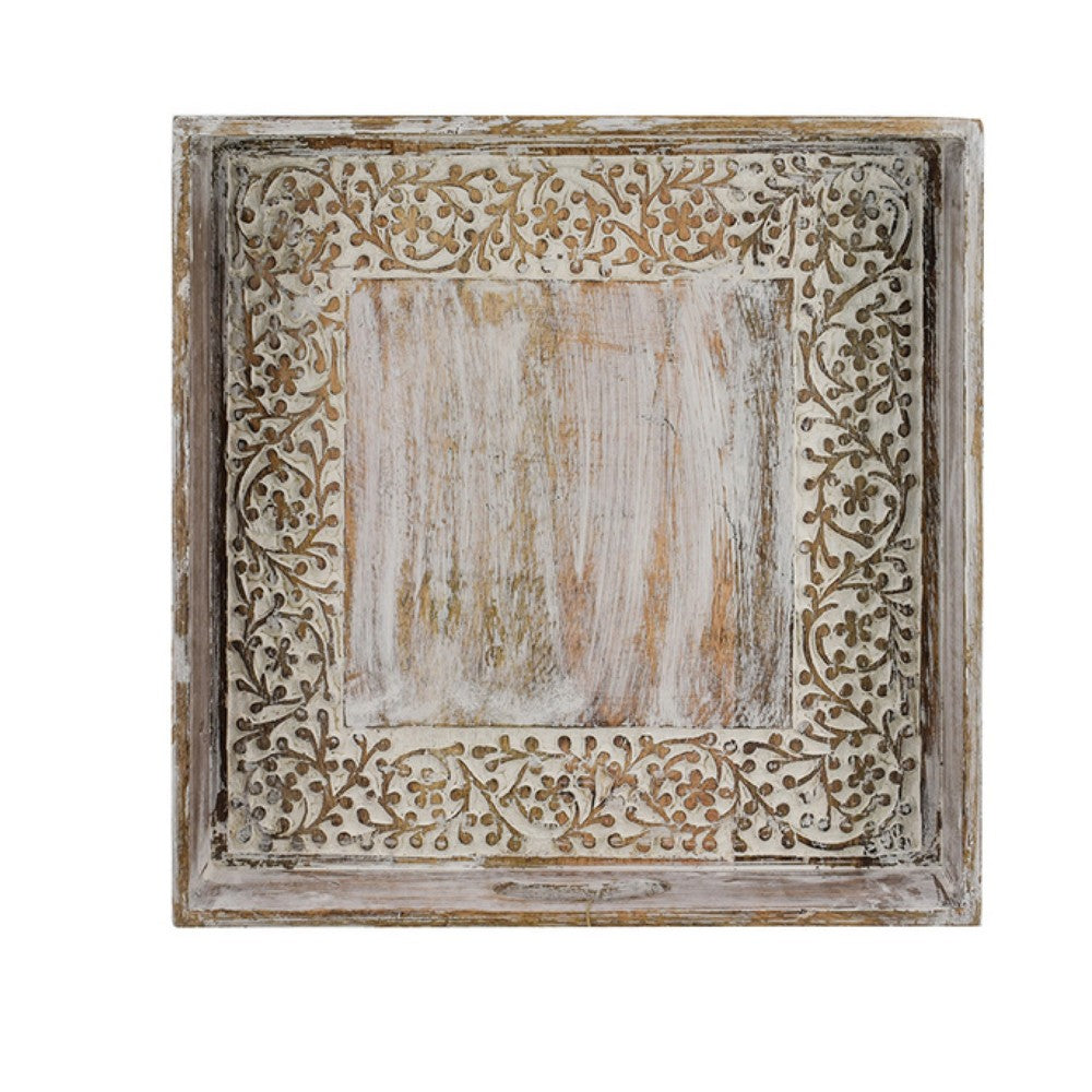 Owen Square Tray, Floral Carved Raised Edge, Brown Mango Wood 16x16 - BM350965