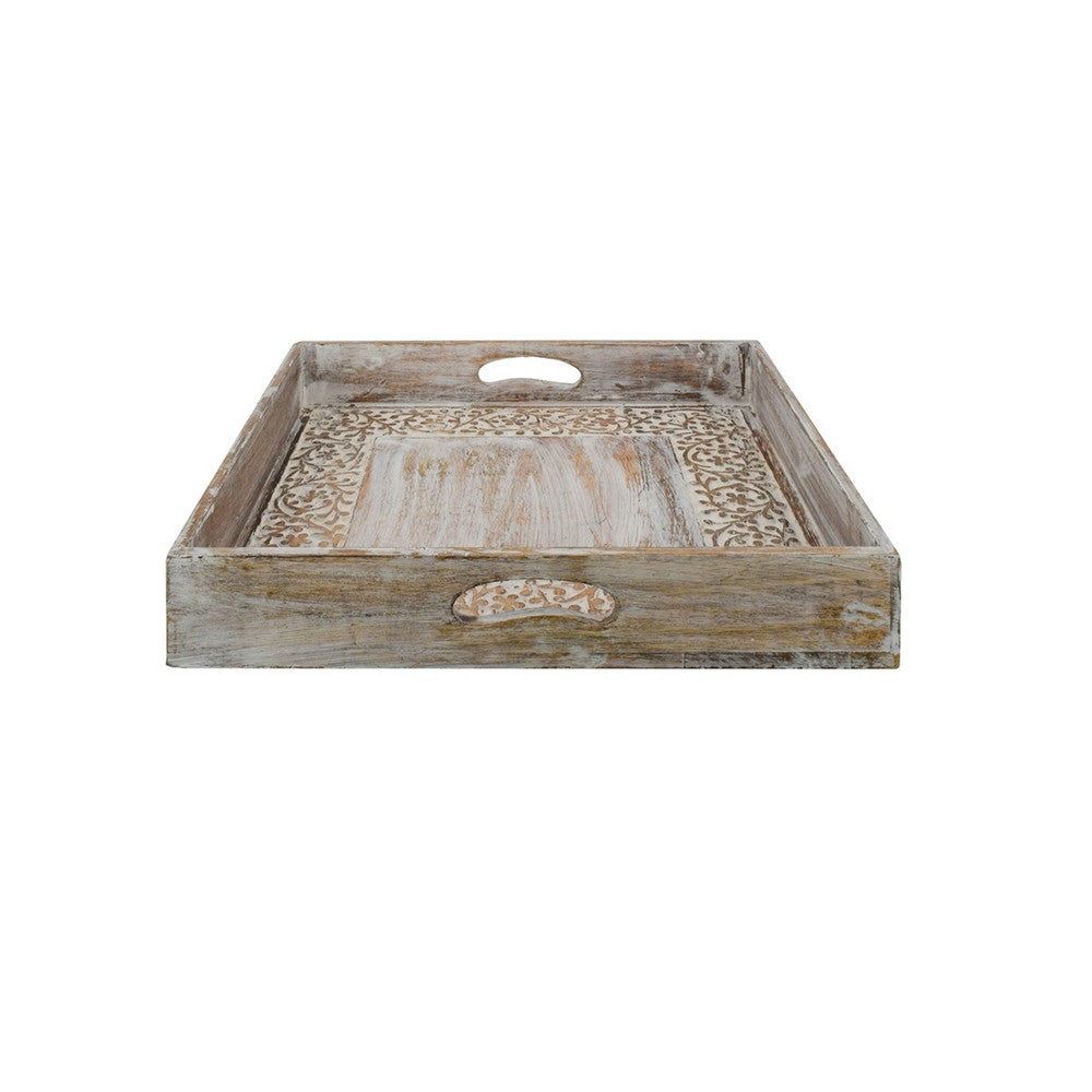Owen Square Tray, Floral Carved Raised Edge, Brown Mango Wood 16x16 - BM350965