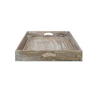 Owen Square Tray, Floral Carved Raised Edge, Brown Mango Wood 16x16 - BM350965
